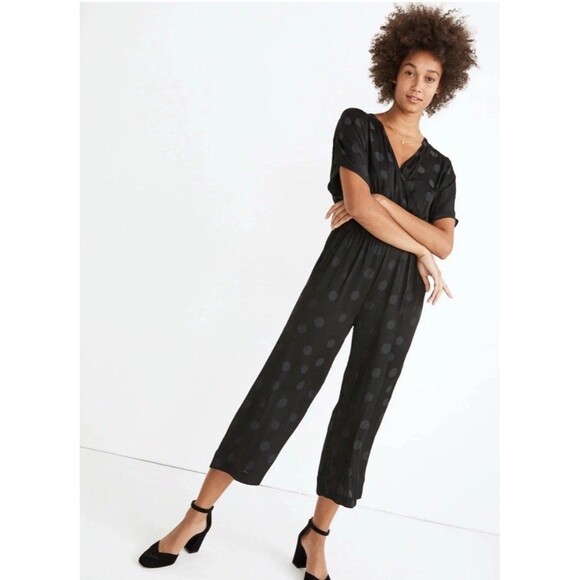 Madewell Jumpsuit Women’s Large Black Polka Dot Wrap Front Smocked Waist - Picture 1 of 12